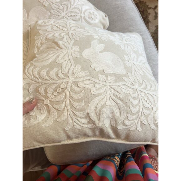 Set Of 2 Ivory Embroidered 18” Bunny Rabbit Pillows. - Spring Cottagecore Accent - Picture 8 of 11